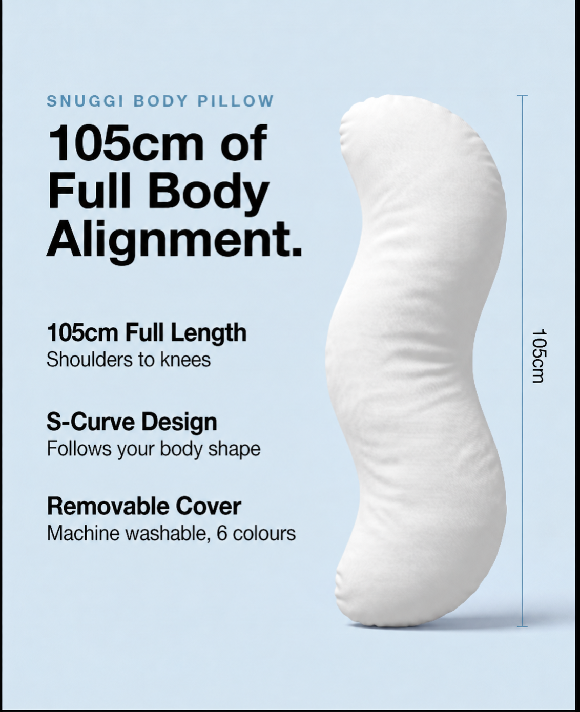 Snuggi 105cm full length S-curve body pillow with removable machine washable cover