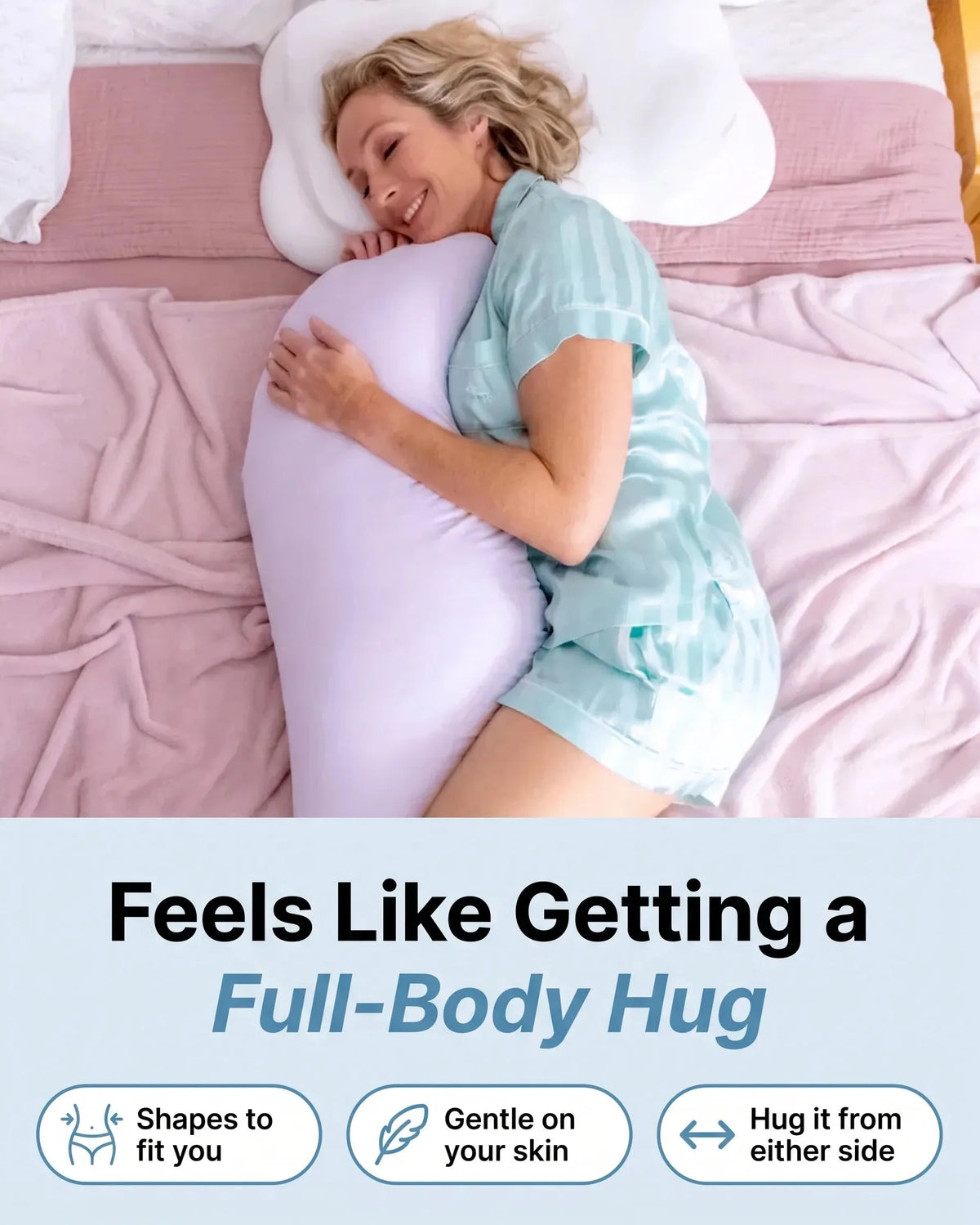 Woman hugging Snuggi Body Align pillow while sleeping