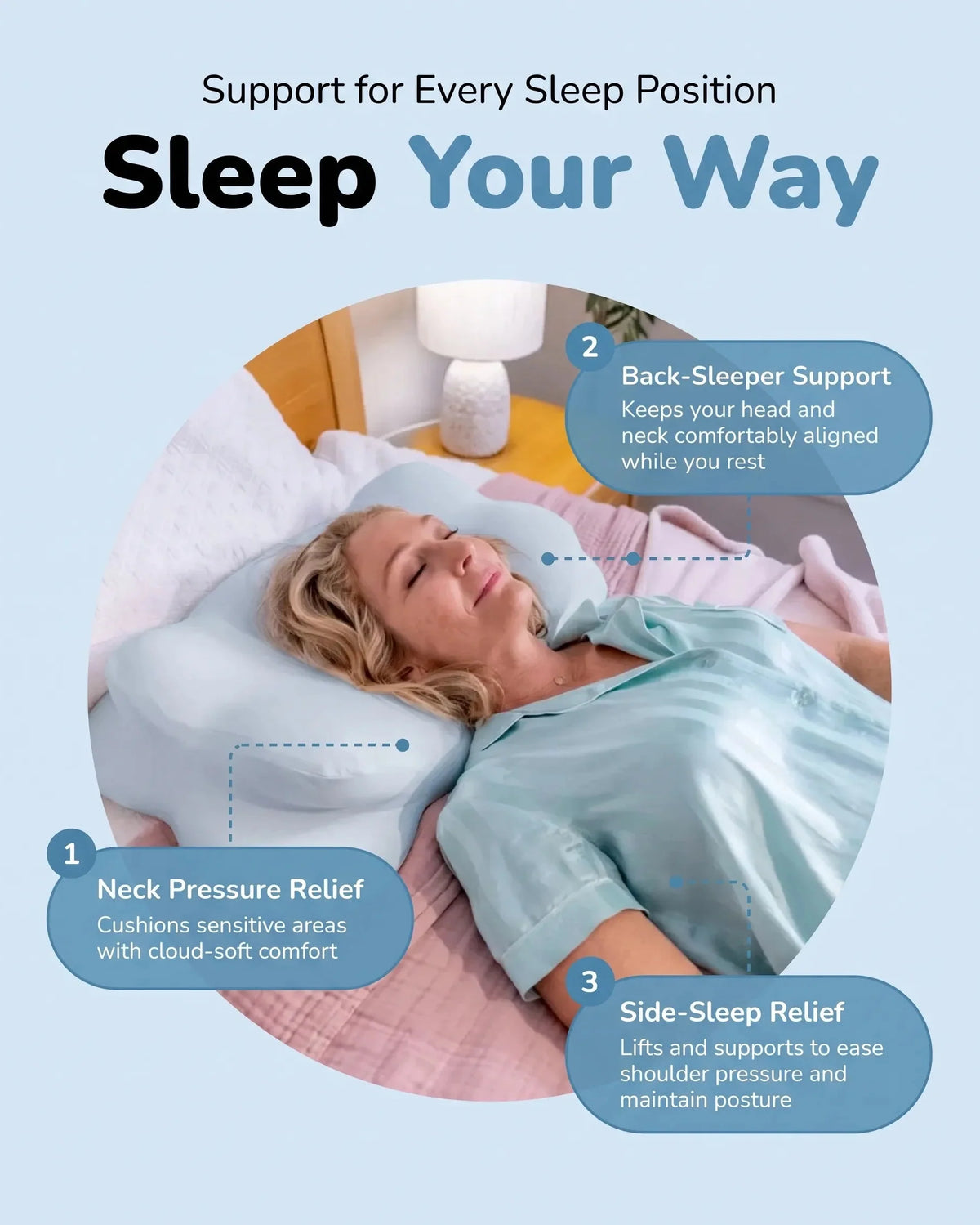 Woman sleeping on Cloudii Comfort Align pillow showing sleep position support