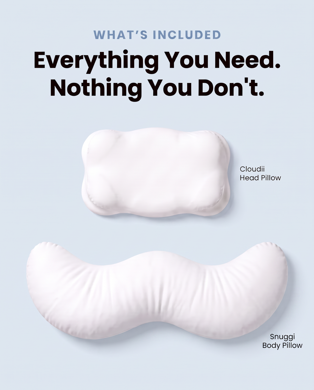 Snuggi body pillow set showing ergonomic pillow and removable curved pillow cover